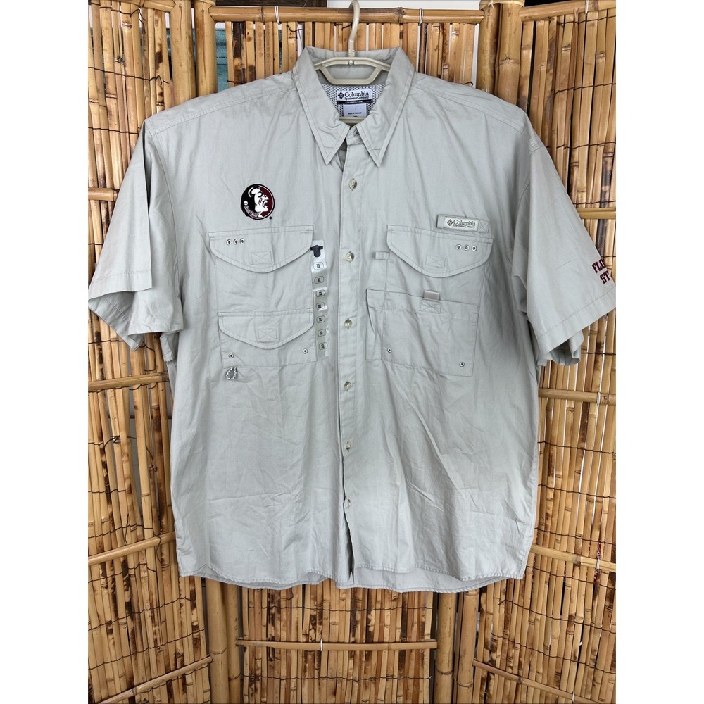 NWT Columbia PFG‎ FSU Seminoles Short Sleeve Beige Vented Fishing Shirt XL VGC